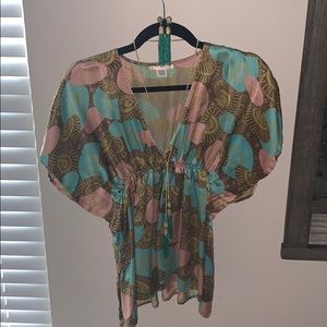 Lux 100% Silk Spring Summer Pink Aqua Blouse